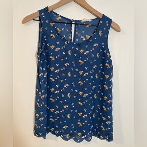 Mine Boutique Sleeveless Top Blue Floral Cutout & Scallop Hem Stud Neck Sz Small